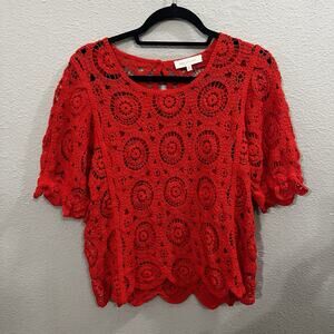 Solitaire Crochet Open Knit Top Short Sleeve Womens XL Boho Festival Blouse